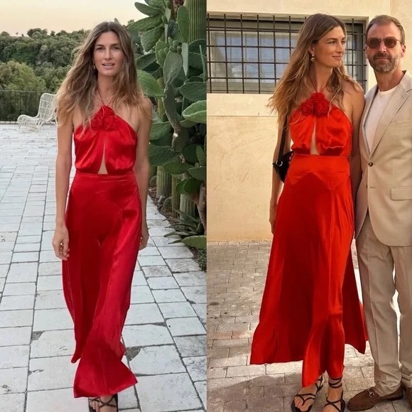 NWT Doen Lilaia Silk Rosette Rose Halter Maxi Dress Gown Fiery Coral Red - Picture 8 of 16